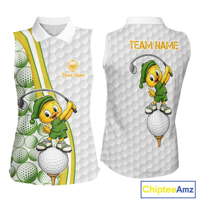 Two sleeveless golf shirts with cartoon character design and branding on a white background