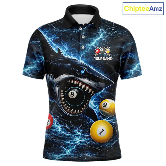 Thunder Blue Funny Shark Play Pool 8 Ball Men's Billiard Shirt Custom Billiard Team League Attire NYN2558