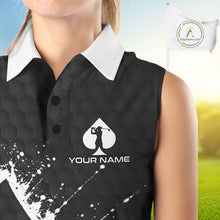 Load image into Gallery viewer, Black sleeveless golf shirt with a logo and 'Your Name' text on a blurred golf course background.