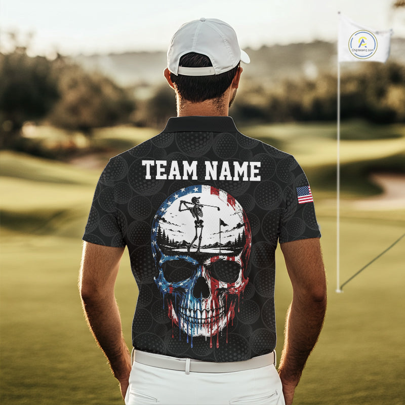 Mens US Flag Golf Polo Shirts Custom Black Golf Ball Pattern American Skull Golf Team Outfits NYN3327