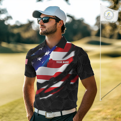 Mens US Flag Golf Polo Shirts Custom Black Golf Ball Pattern American Skull Golf Team Outfits NYN3327