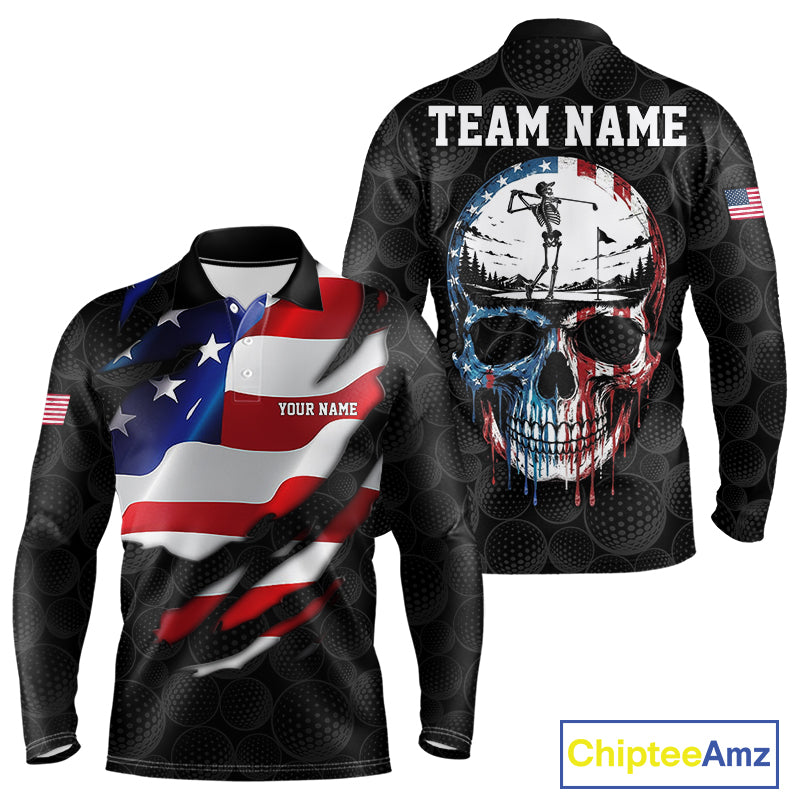 Black golf ball American skull golf polo long sleeve shirt for men patriotic team outfit