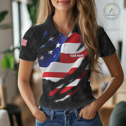 Womens US Flag Golf Polo Shirts Custom Black Golf Ball Pattern American Skull Golf Team Outfits NYN3327