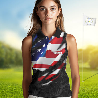 Womens US Flag Golf Polo Shirts Custom Black Golf Ball Pattern American Skull Golf Team Outfits NYN3327