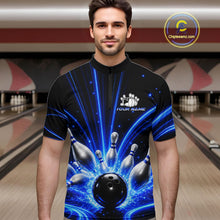 Load image into Gallery viewer, Male bowler wearing Thunder Bowling Ball And Pins blue lightning bowling jersey custom league uniform