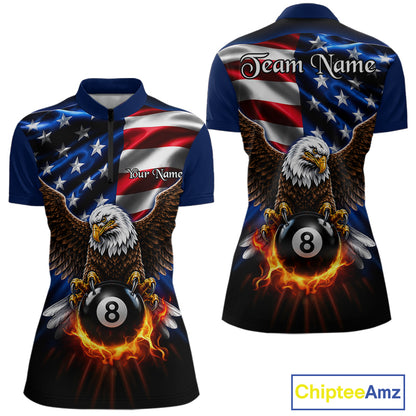 Fire Flame Eagle Women's Quarter-Zip Billiard Shirt, Personalized Patriot Pool Tournament Jersey, Moisture-Wicking Performance Apparel