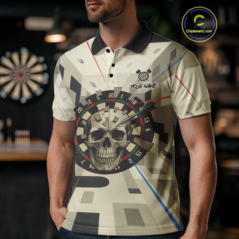 Geometric Dartboard Beige Skull Custom Mens Polo Dart Shirt Gifts For Dart Players NYN1767