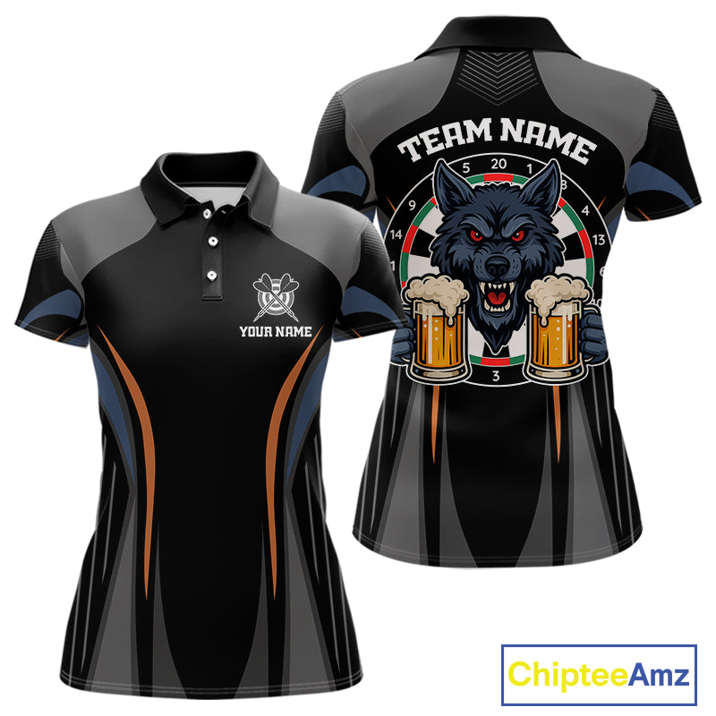 Custom Wolf With Beer Funny Dart Polo Shirts For Women Dart Team Jerseys NYN1552