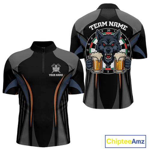 Custom Wolf With Beer Funny Dart Quarter-Zip Shirts For Men Dart Team Jerseys NYN1552