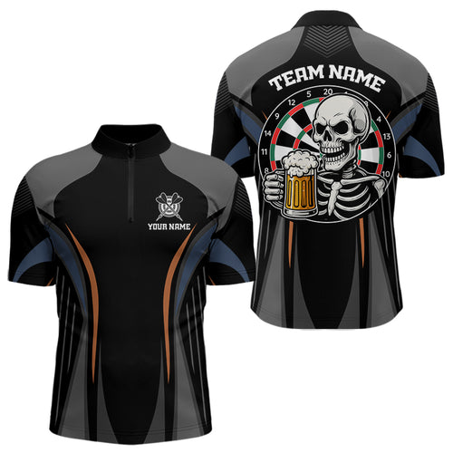 Custom Skull With Beer Funny Dart Quarter-Zip Shirts For Men, Dart Team Jerseys NYN1553