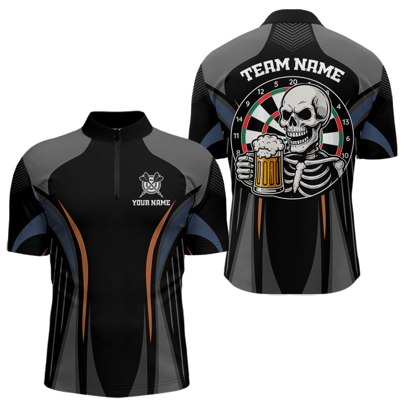 Custom Skull With Beer Funny Dart Quarter-Zip Shirts For Men, Dart Team Jerseys NYN1553