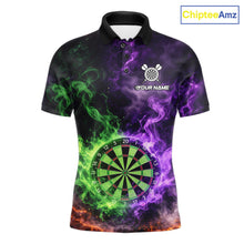 Load image into Gallery viewer, Green And Purple Flames Dartboard &amp; Arrow Men Darts Team Shirt Personalized Dart Polo Jerseys NYN2572