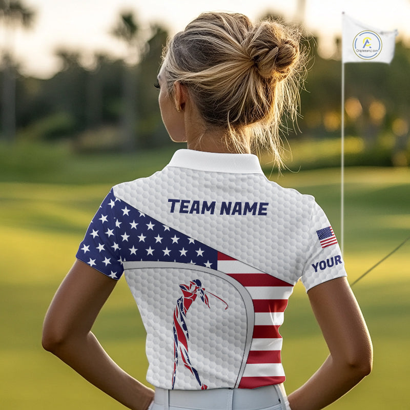 American Flag Patriot Personalized Golf White Womens Golf Polo Shirts Custom Name Golf Gifts NYN3148