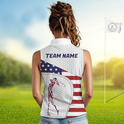 American Flag Patriot Personalized Golf White Womens Golf Sleeveless Polo Shirts Custom Golf Gifts NYN3148