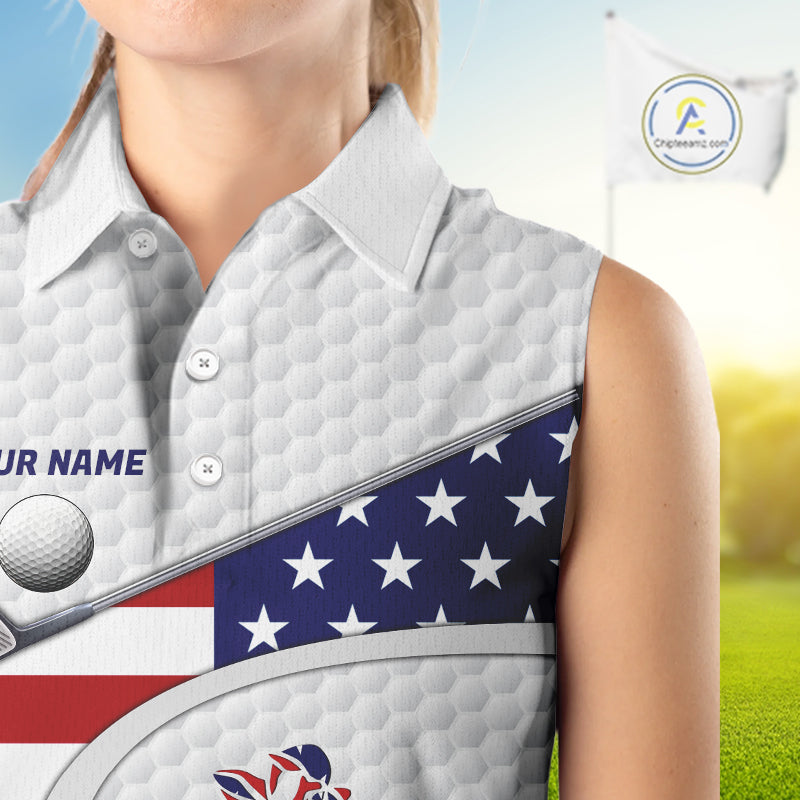 American Flag Patriot Personalized Golf White Womens Golf Sleeveless Polo Shirts Custom Golf Gifts NYN3148