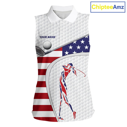 American Flag Patriot Personalized Golf White Womens Golf Sleeveless Polo Shirts Custom Golf Gifts NYN3148