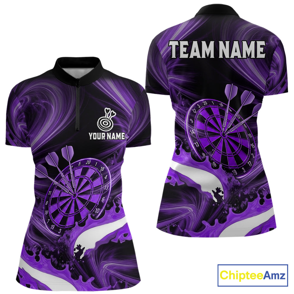 White and purple smoking dart 1/4-zip shirt custom splatter dart team clothing for women