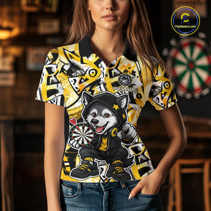 Funny Wolf Dart Shirts For Women Custom Black, White & Yellow Graffiti Dart Team Name Jerseys NYN3626