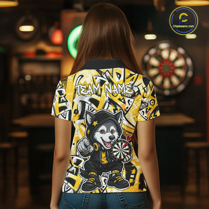 Funny Wolf Dart Shirts For Women Custom Black, White & Yellow Graffiti Dart Team Name Jerseys NYN3626