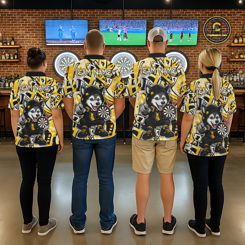 Funny Wolf Dart Shirts For Men Custom Black, White & Yellow Graffiti Dart Team Name Jerseys NYN3626
