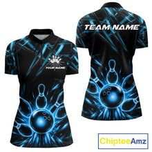 Load image into Gallery viewer, Black and Blue Neon bowling ball and pins women's quarter zip bowling shirt, custom bowling team uniform, personalized bowling jersey
