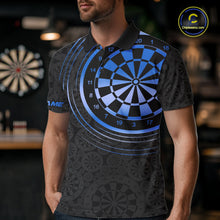 Load image into Gallery viewer, Black &amp; Blue Gradient Dartboard Mens Dart Polo Quarter Zip Shirts Custom Team Name Dart Jerseys NYN3631