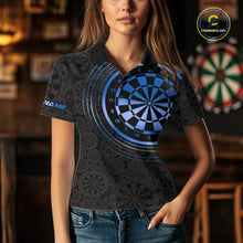 Load image into Gallery viewer, Black &amp; Blue Gradient Dartboard Womens Dart Polo Quarter Zip Shirts Custom Team Name Dart Jerseys NYN3631