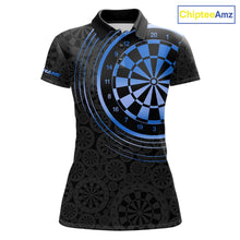 Load image into Gallery viewer, Black &amp; Blue Gradient Dartboard Womens Dart Polo Quarter Zip Shirts Custom Team Name Dart Jerseys NYN3631