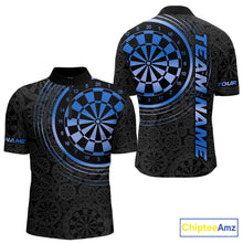 Load image into Gallery viewer, Black &amp; Blue Gradient Dartboard Mens Dart Polo Quarter Zip Shirts Custom Team Name Dart Jerseys NYN3631