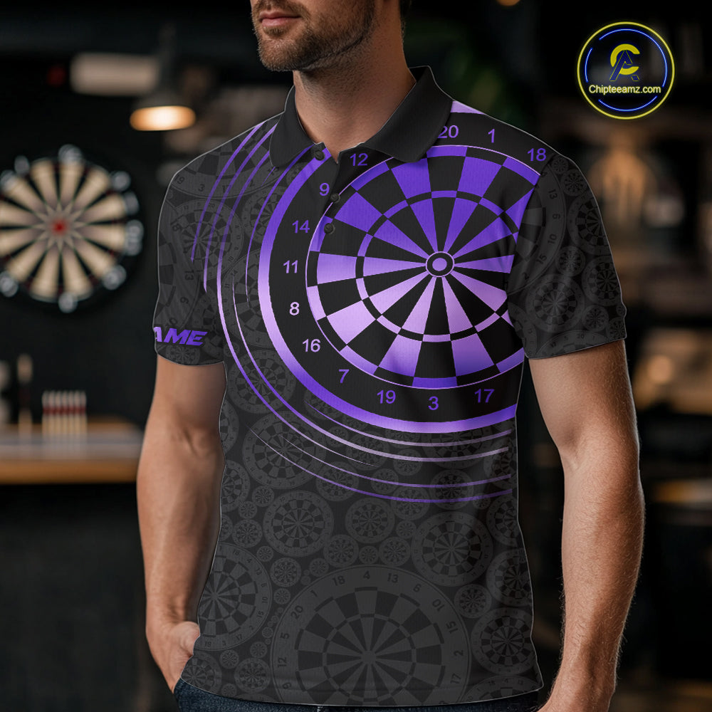 Black & Purple Gradient Dartboard Mens Dart Polo Quarter Zip Shirts Custom Team Name Dart Jerseys NYN3632