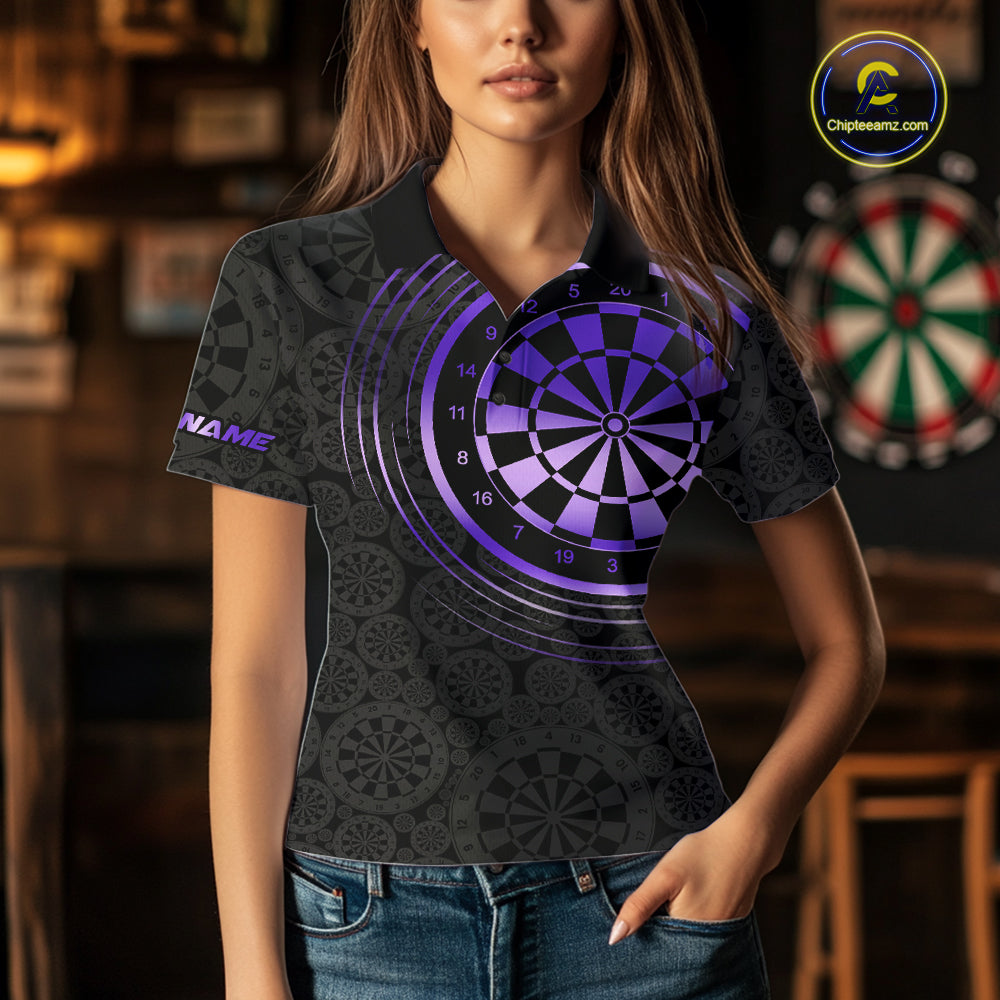 Black & Purple Gradient Dartboard Womens Dart Polo Quarter Zip Shirts Custom Team Name Dart Jerseys NYN3632