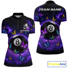 Load image into Gallery viewer, Purple Light 8 Ball Women's Billiard Quarter-Zip Shirt Custom Butterfly Pool League Uniform