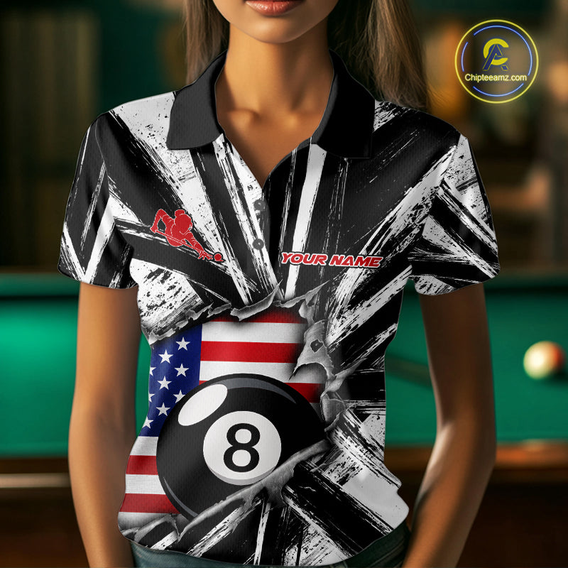 Female billiard player wearing Torn US Flag 8 Ball custom billiard jersey