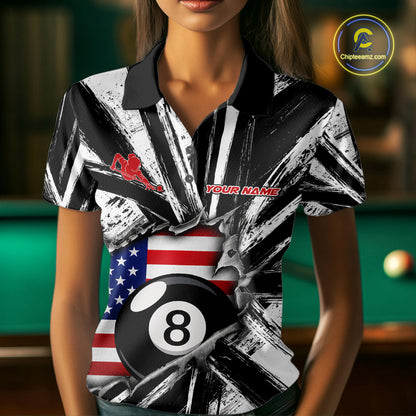 Female billiard player wearing Torn US Flag 8 Ball custom billiard jersey