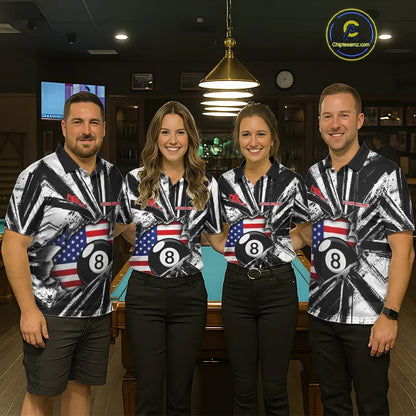 Men women billiard team wearing Black White Grunge patriotic pool uniforms