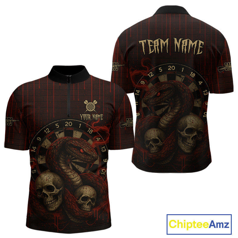 Red Dripping Cobra Dartboard Custom Men's Quarter-Zip Darts Shirt Grunge Skull Darts Jersey NYN1796