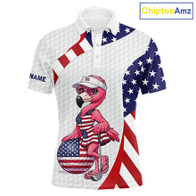 Load image into Gallery viewer, Flamingo Custom Name White American Flag Patriotic Golf Mens Polo Shirt, Flamingo Golf Clothing For Mens NYN2960