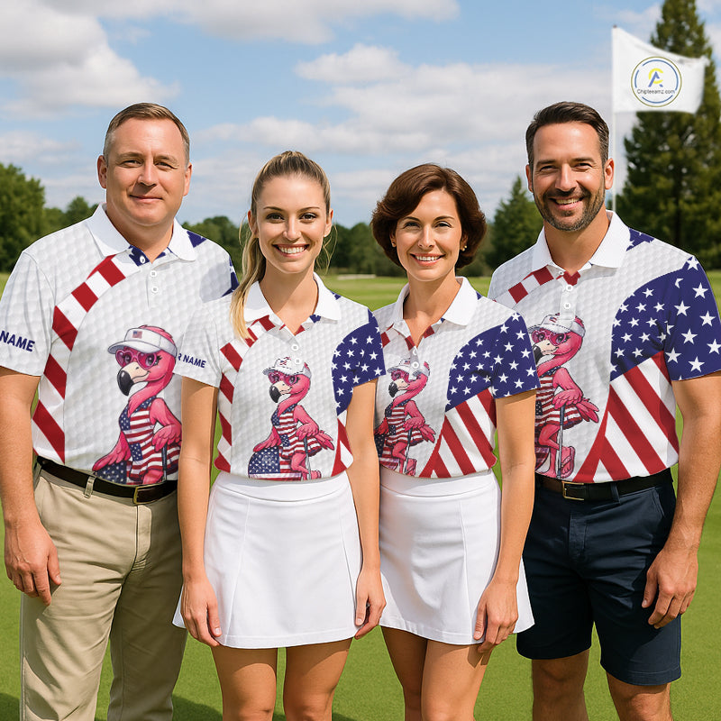Flamingo Custom Name White American Flag Patriotic Golf Mens Polo Shirt, Flamingo Golf Clothing For Mens NYN2960
