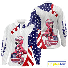 Load image into Gallery viewer, Flamingo Custom Name White American Flag Patriotic Golf Womens Polo Shirt, Flamingo Golf Clothing For Womens NYN2960