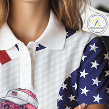 Load image into Gallery viewer, Flamingo Custom Name White American Flag Patriotic Golf Womens Polo Shirt, Flamingo Golf Clothing For Womens NYN2960