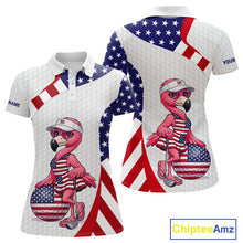 Load image into Gallery viewer, Flamingo Custom Name White American Flag Patriotic Golf Womens Polo Shirt, Flamingo Golf Clothing For Womens NYN2960