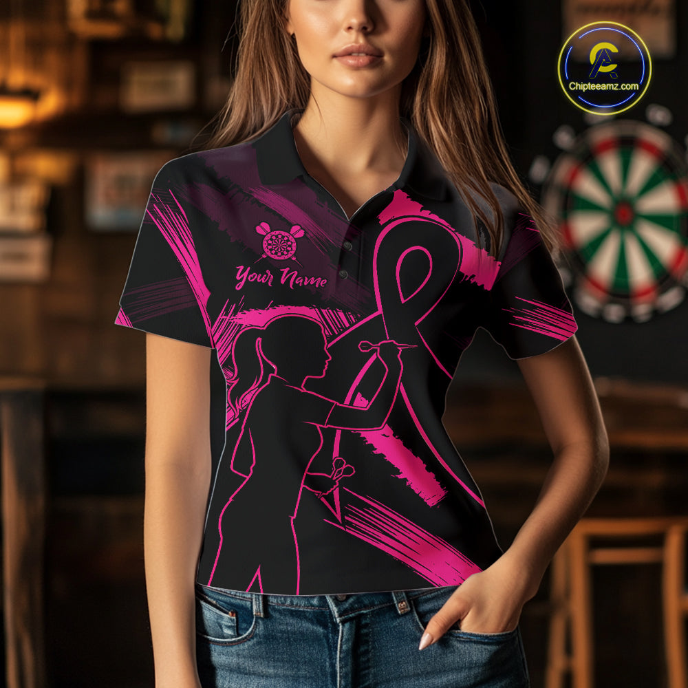 Custom Black & Pink Grunge Ribbon Dart Shirts For Women Breast Cancer Awareness Darts Team Jersey NYN3345