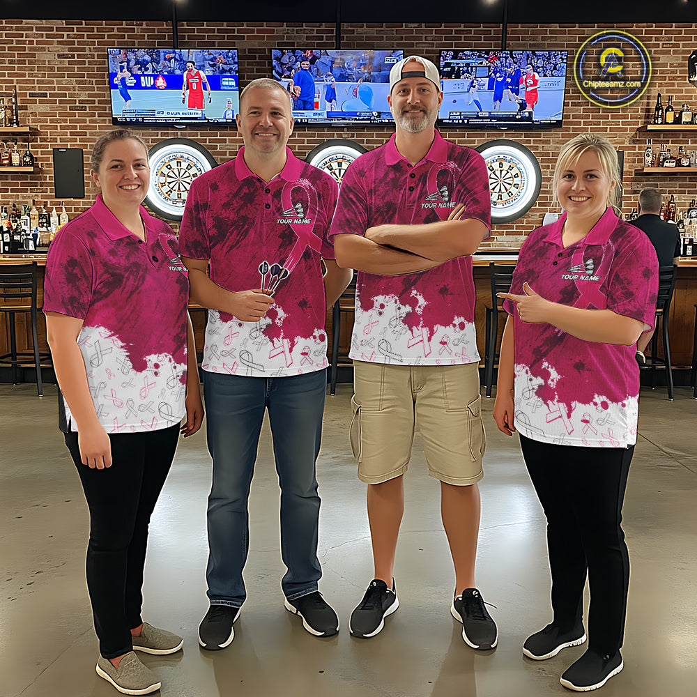 White & Pink Grunge Ribbons Pattern Breast Cancer Dart Shirt For Men Custom Dart Team Jerseys NYN3347