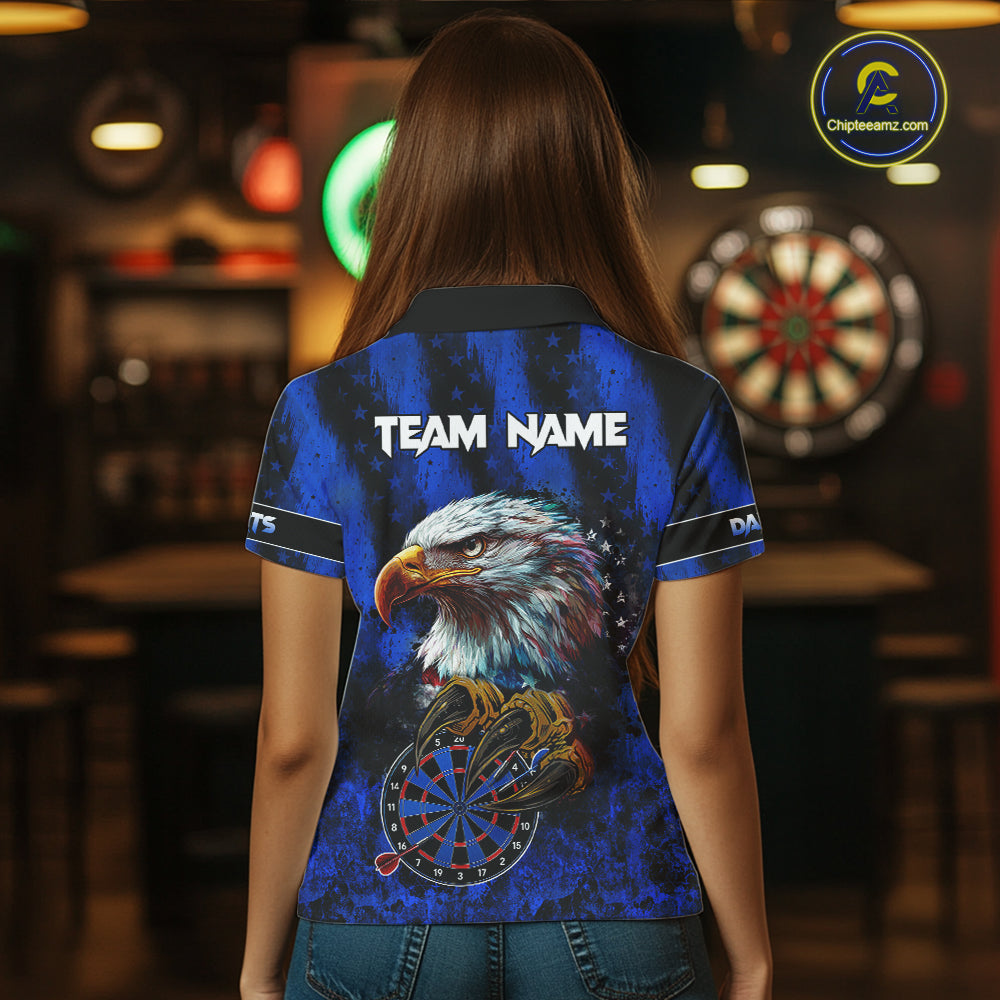 American Flag Eagle Women Darts Polo & 1/4-Zip Shirt Custom Patriotic Outfit Dart Team Jersey | Blue NYN3349