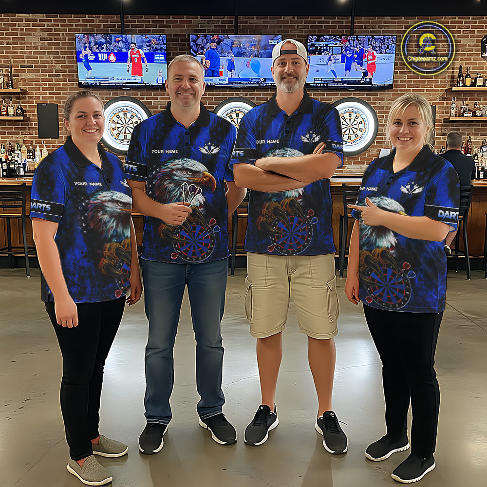 American Flag Eagle Women Darts Polo & 1/4-Zip Shirt Custom Patriotic Outfit Dart Team Jersey | Blue NYN3349
