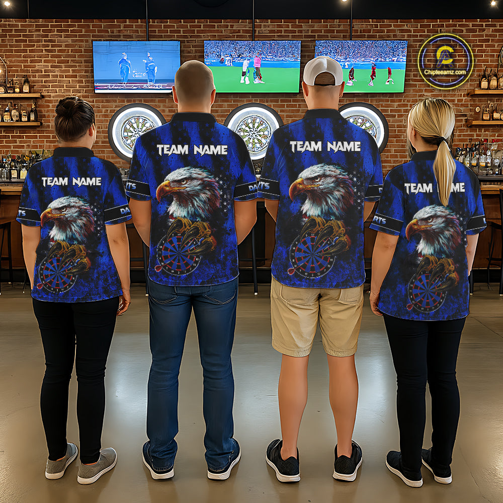 American Flag Eagle Men Darts Polo & 1/4-Zip Shirt Custom Patriotic Outfit Dart Team Jersey | Blue NYN3349