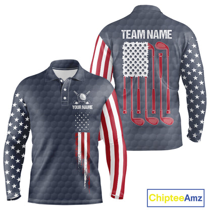 Men's golf polo shirt featuring grey golf ball pattern and patriotic American flag design, personalized performance golf apparel for men's golf teams, tournaments, country clubs, Father's Day gifts, symbolizing freedom, unity and American pride.