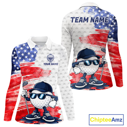 Women's golf polo with splash painting golf ball graphics and American flag accents, custom performance golf shirt for golf clubs, leagues and patriotic sporting events with artistic expression