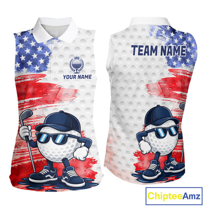 Women's sleeveless golf polo featuring colorful splash paint golf ball and patriotic American flag artwork, personalized golf apparel for artistic golfers, summer tournaments and USA golf teams, symbolizing creativity and freedom.