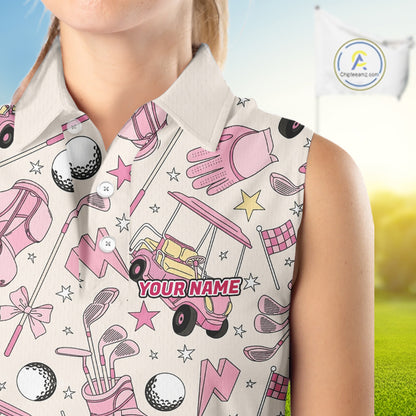 Female golfer wearing custom pink golf polo with golf clubs, stylish ladies golf apparel for tournaments, golf resorts and golf club events, representing confidence and friendship.